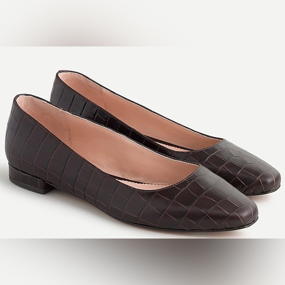 J. Crew Dark Brown Croc-Embossed Leather Flats - Picture 2 of 9